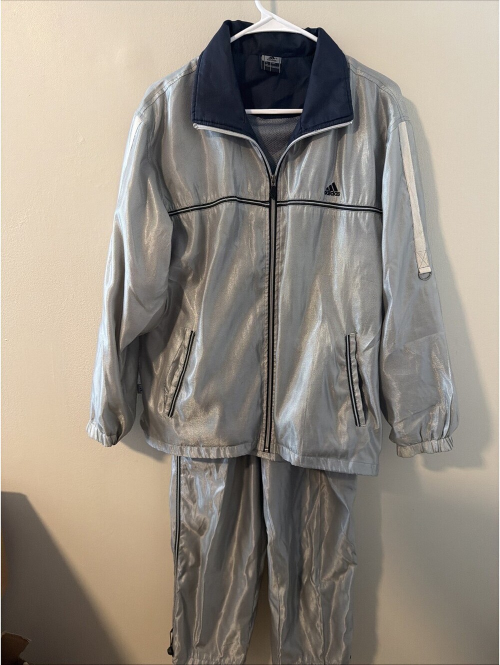 Very Rare Vintage Adidas 00s 90s Silver Nylon Tracksuit Size M